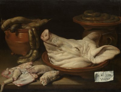 Naturaleza Muerta con Cabeza de Cerdo, Manitas de Cerdo y Salchicha, c.1650 de Monogrammist JVR